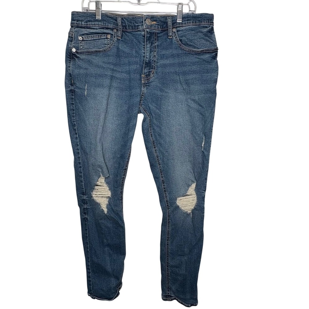 Original Use Men 34x34 Slim Taper Distressed Blue Denim Jean Flex Stretch Ripped
